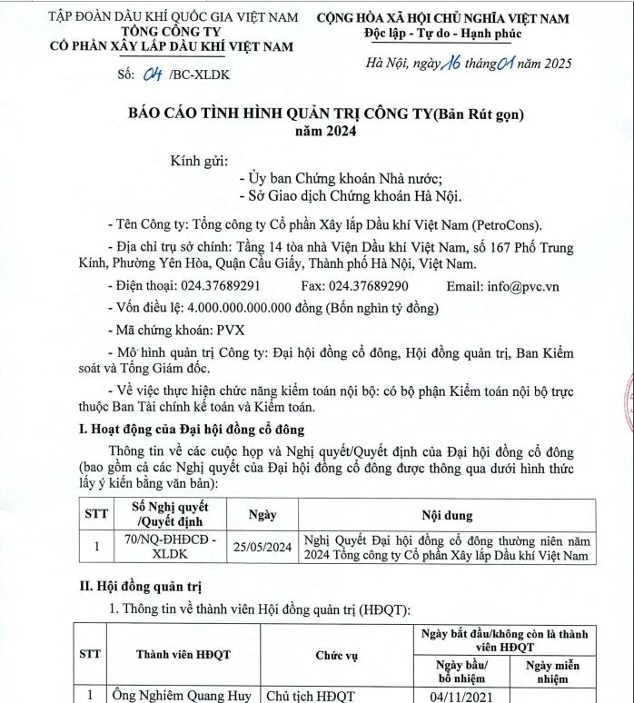 PVX - CBTT - Báo cáo tình hình quản trị Công ty năm 2024 của Tổng công ty Cổ phần Xây lắp Dầu khí Việt Nam